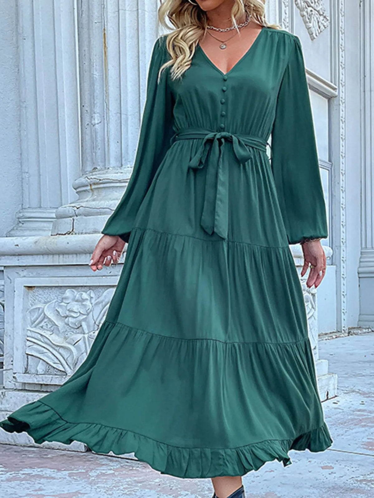 Ruffled Hem V-neck Balloon Sleeve Dress (5)