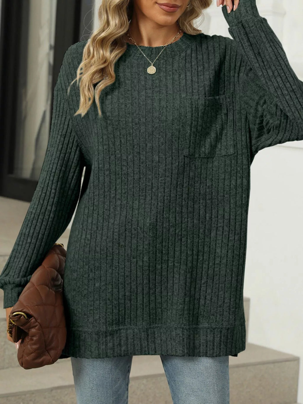 Ribbed Knit Round Neck Sweater (27)
