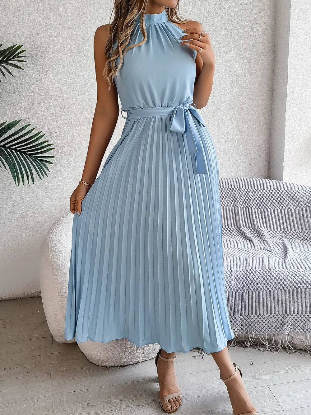 Grecian Neck Tie Waist Pleated Dress (3)