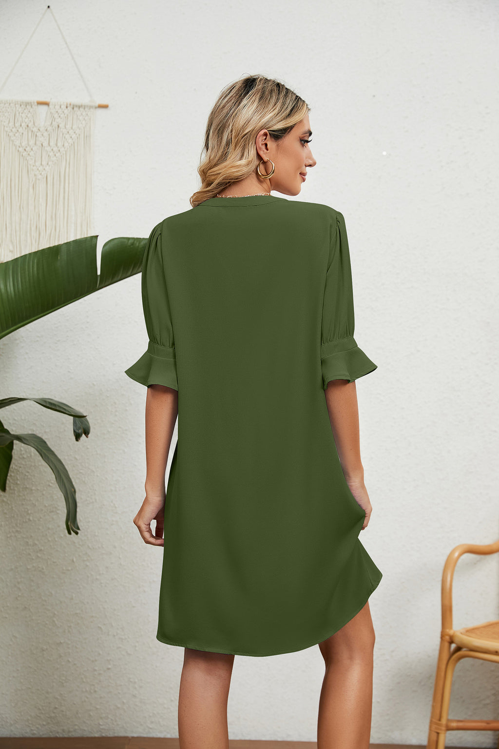 Notched Neck Flounce Sleeve Dress (11)