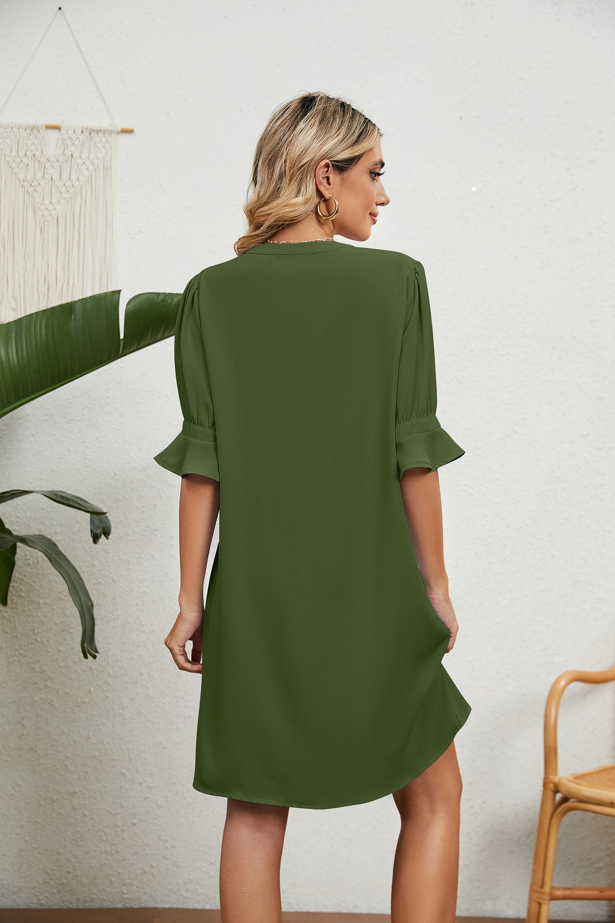 Notched Neck Flounce Sleeve Dress (11)