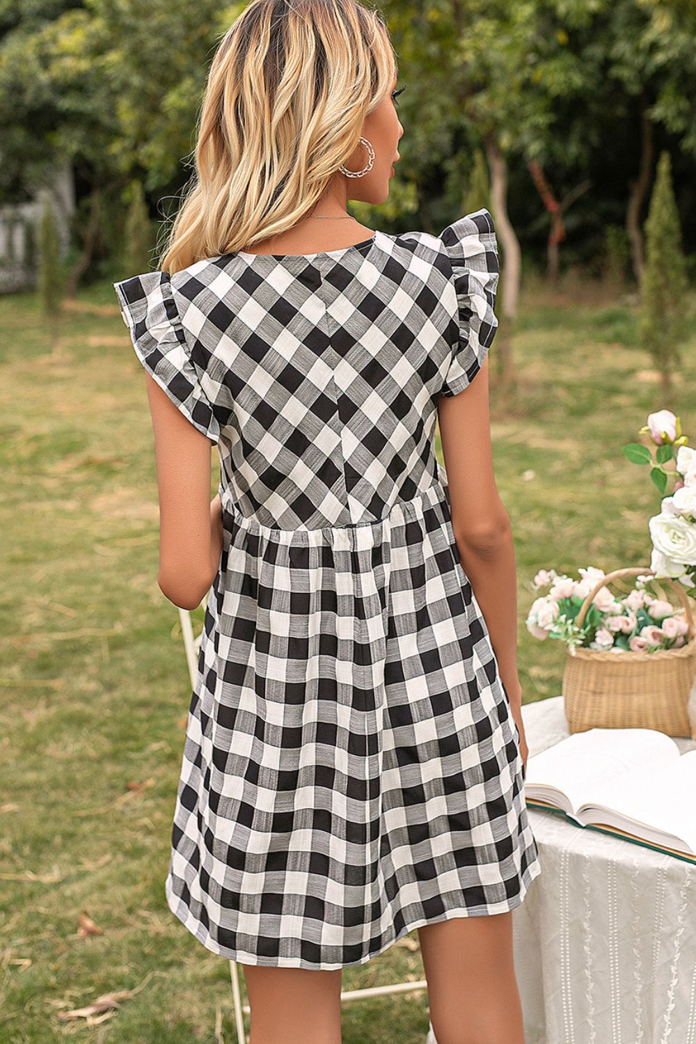 Plaid Butterfly Sleeve Deep V Dress (2)