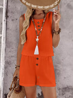 Decor Button Round Neck Tank Shorts Set (17)