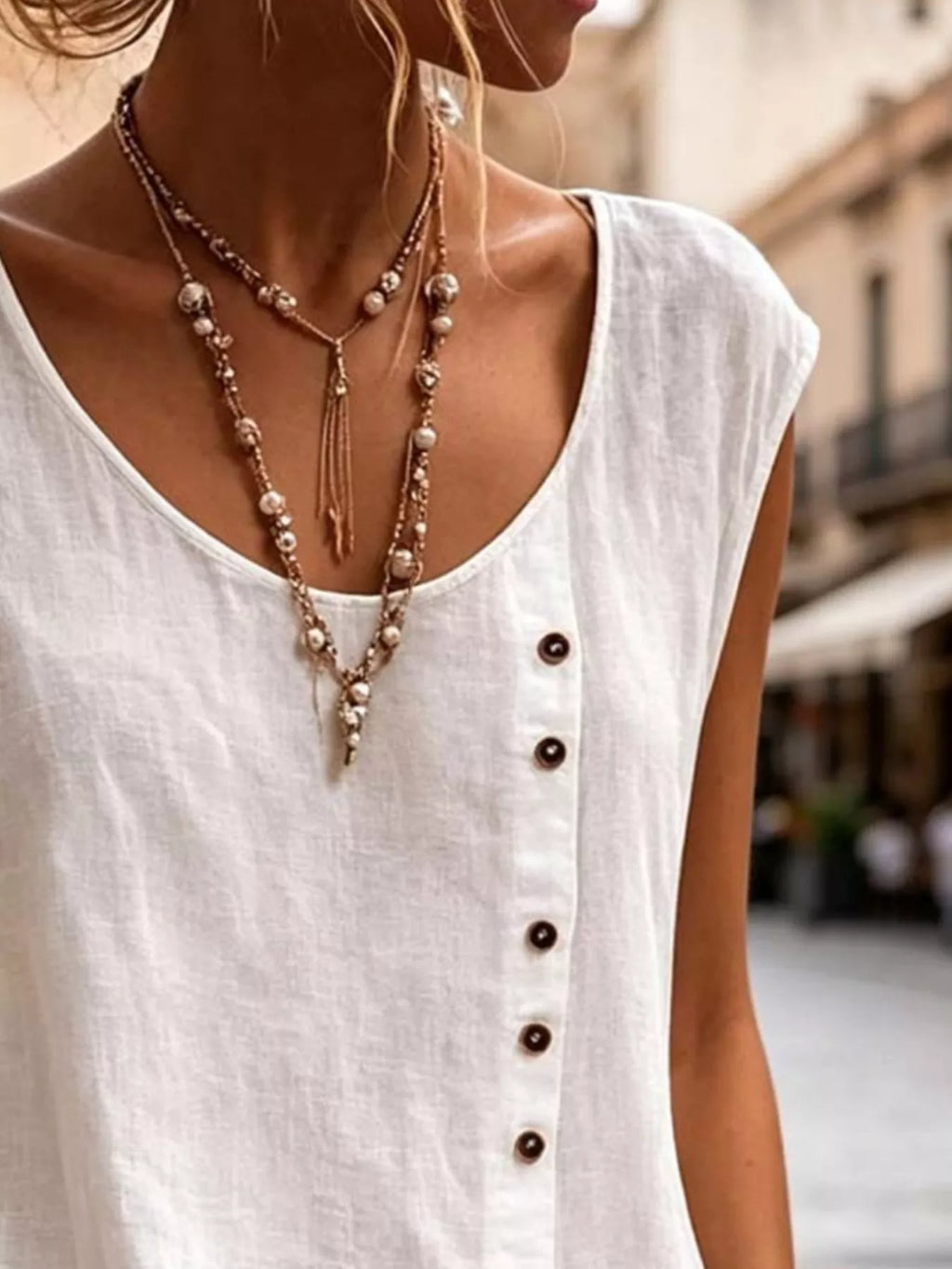 Full Size Round Neck Decor Button Tank Plus (2)