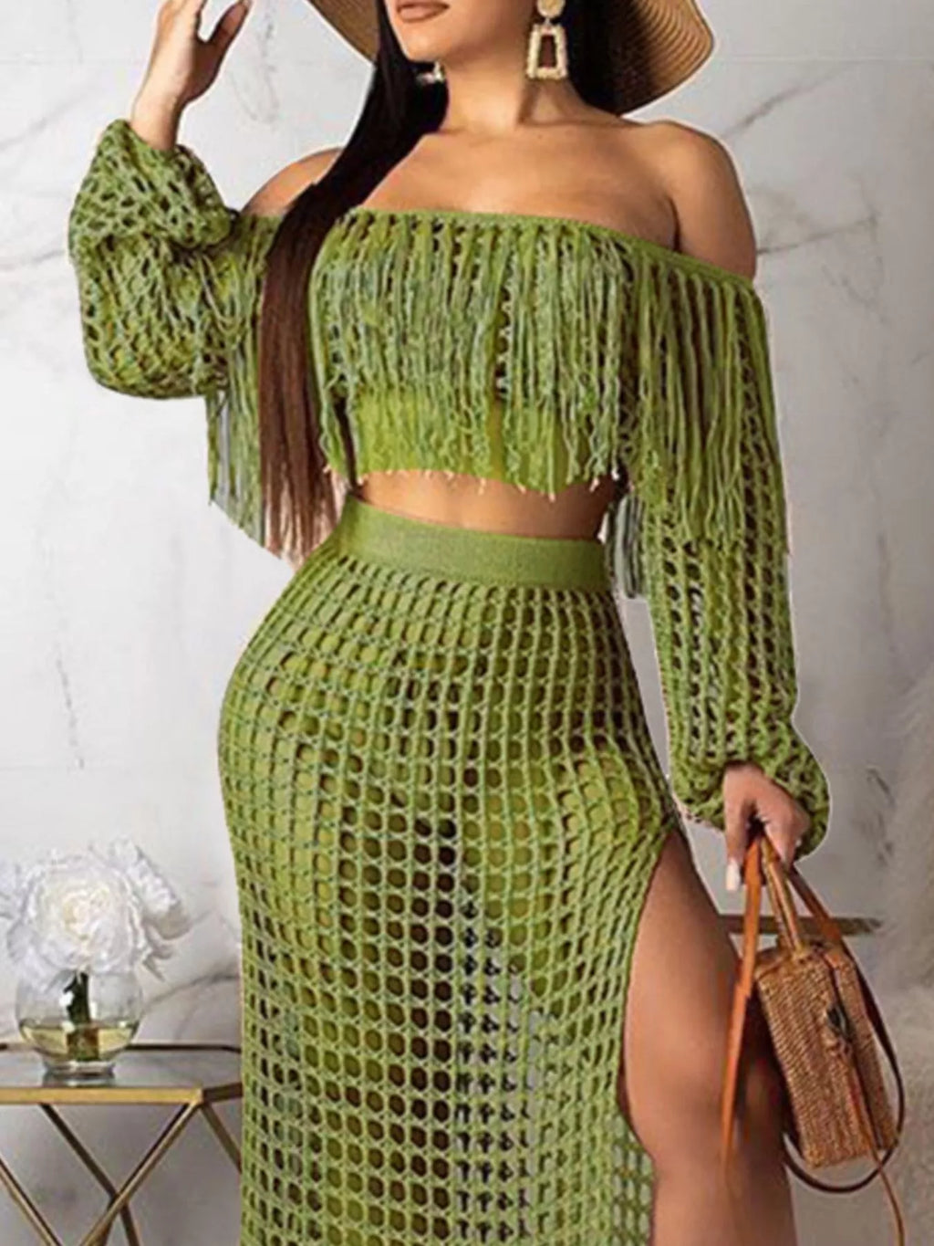 Full Size Crochet Off-shoulder Fringe Top Skirt Set Plus (21)