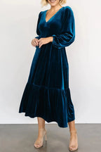 V-neck Long Sleeve Midi Velvet Dress (3)