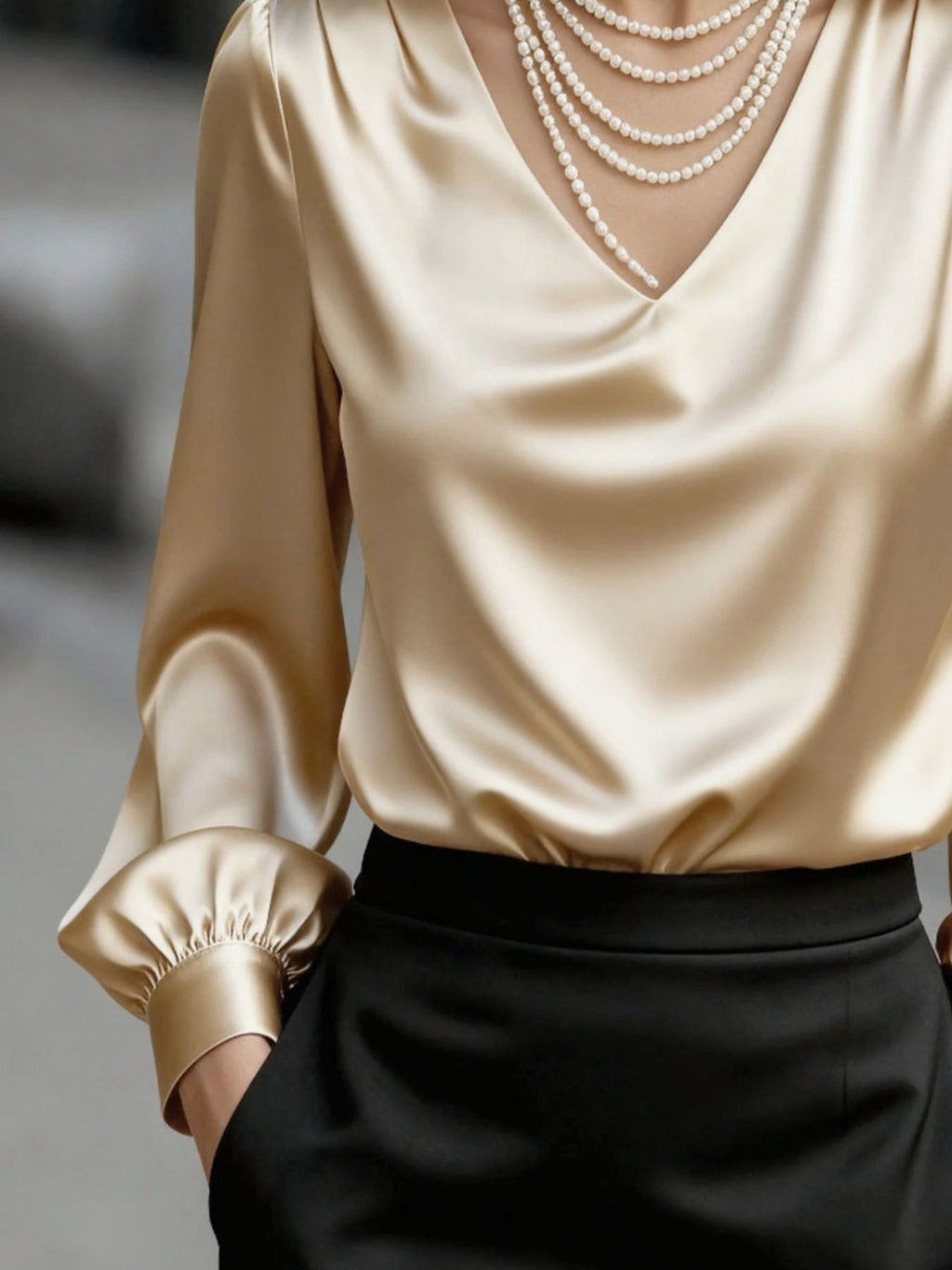Satin V-neck Long Sleeve Blouse (2)