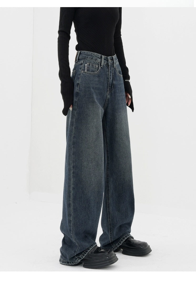 Retro Dark Blue Wide Leg Jeans Baggy Straight Trousers photo 15