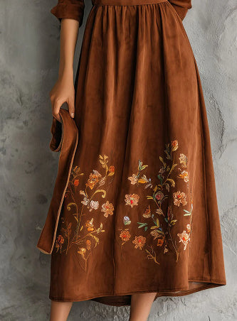 Vintage Brown Floral Embroidered Suede Midi Dress photo 3