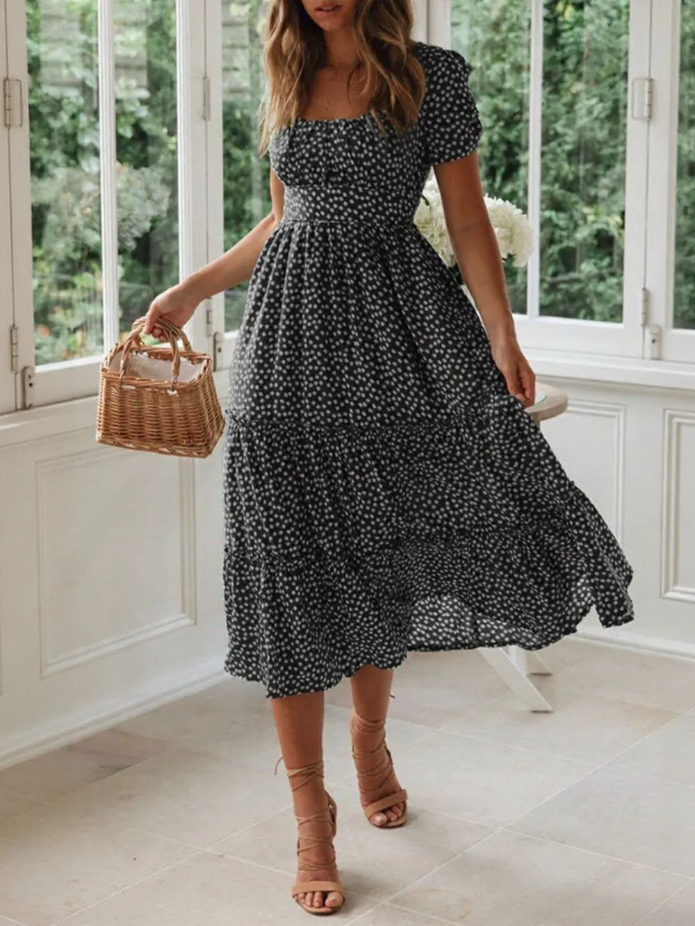 Printed Square Neck Short Sleeve Midi Dress (6)