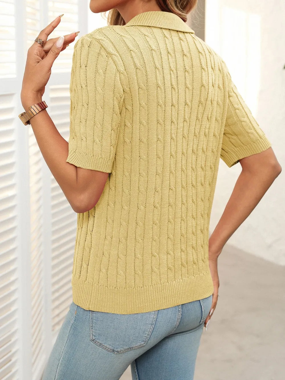 Cable Knit Johnny Collar Half Sleeve Sweater (20)