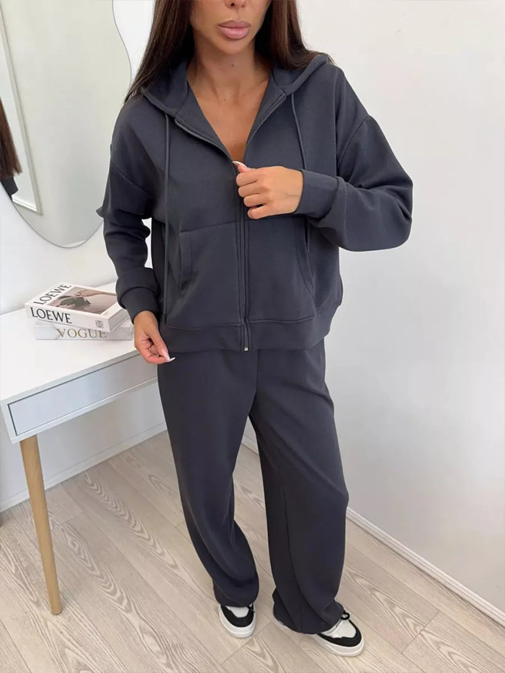 Zip-up Hoodie Wide-leg Pants Set (15)