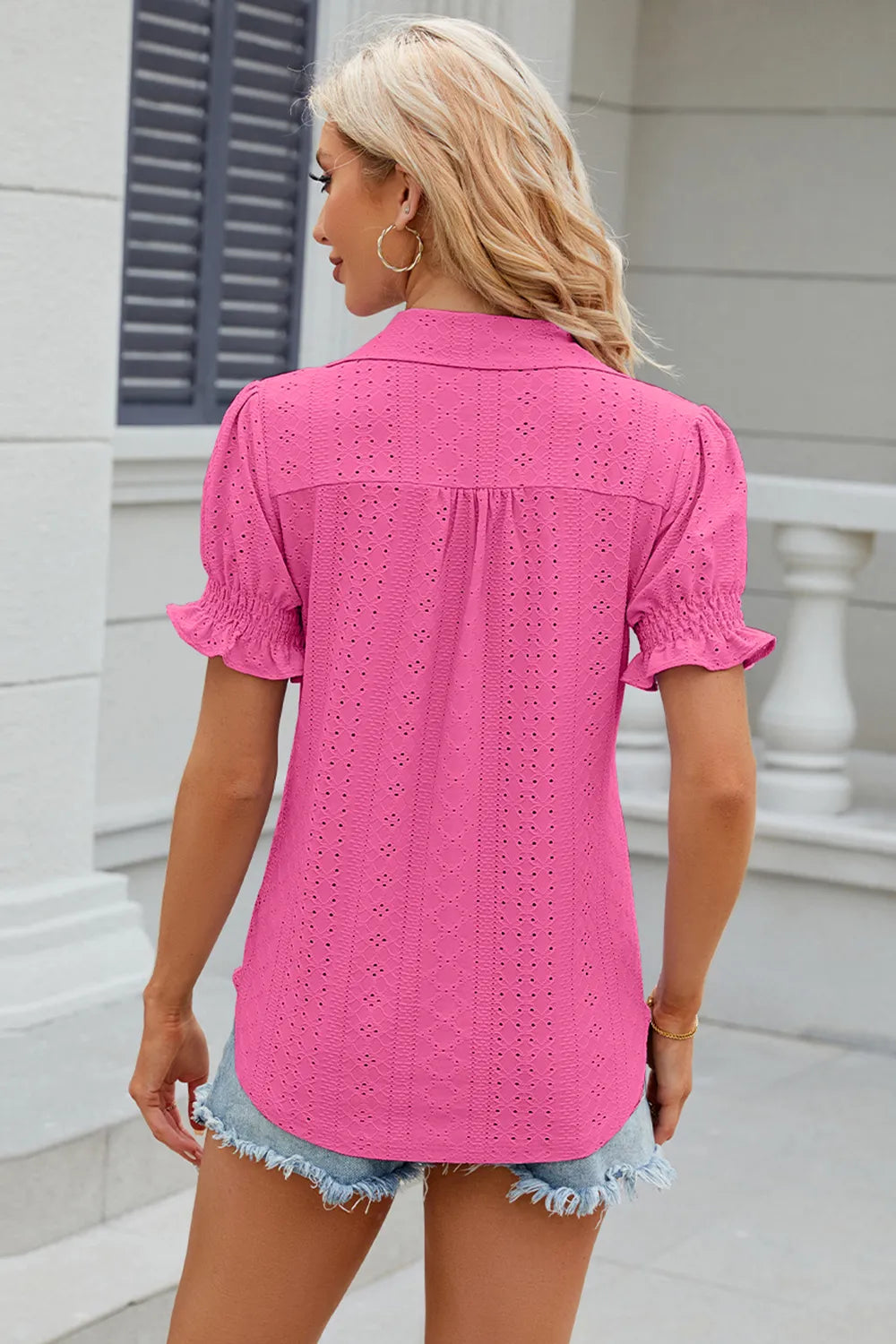Eyelet Johnny Collar Short Sleeve Blouse (28)
