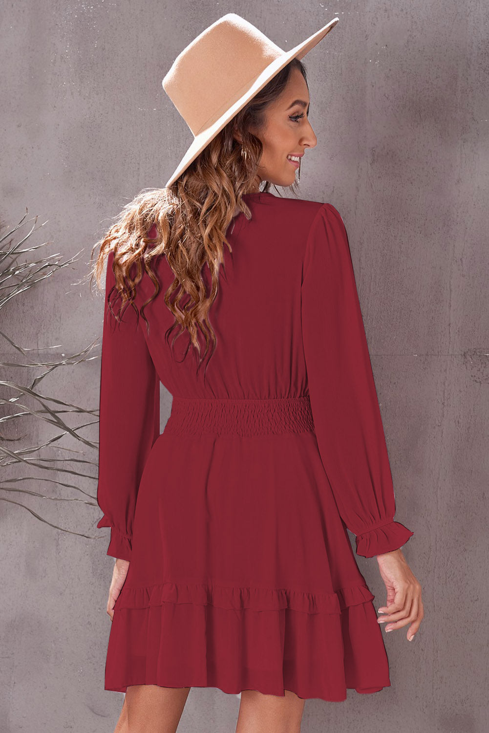 Tied Plunge Smocked Waist Flounce Sleeve Dress (10)