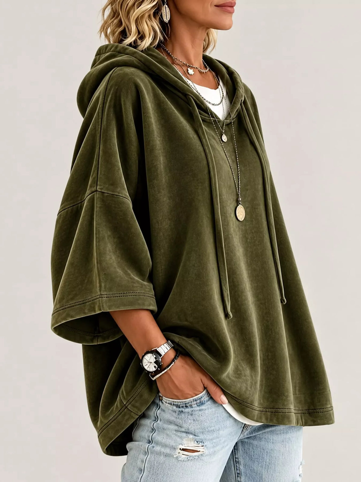 Full Size Velvet Half Sleeve Hoodie Drawstring Plus (26)