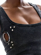 Ribbed Tank Top Metal Grommet Cutouts Stud Embellishments (11)