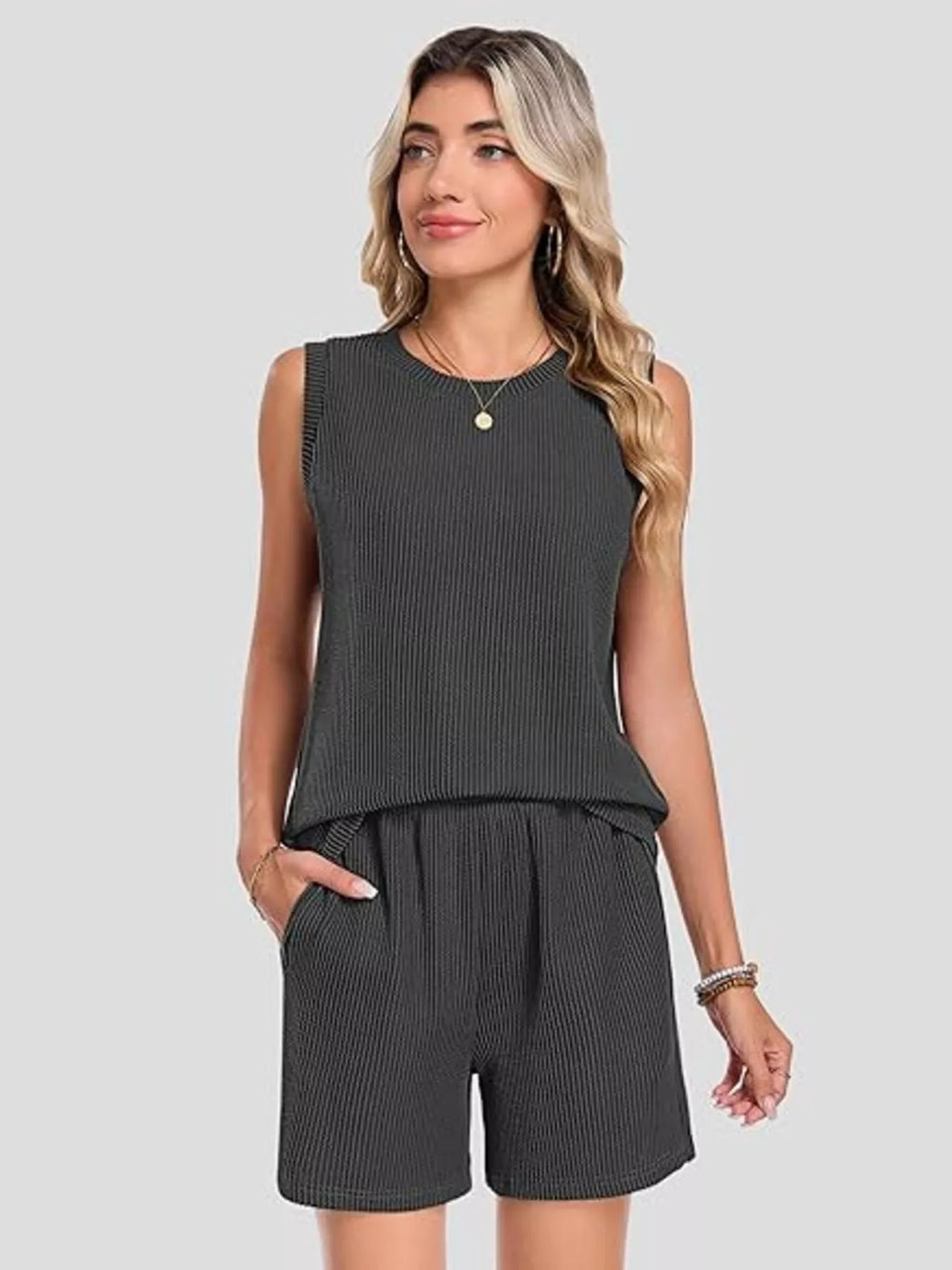 Casual Ribbed Knit Sleeveless Top Shorts Set (13)