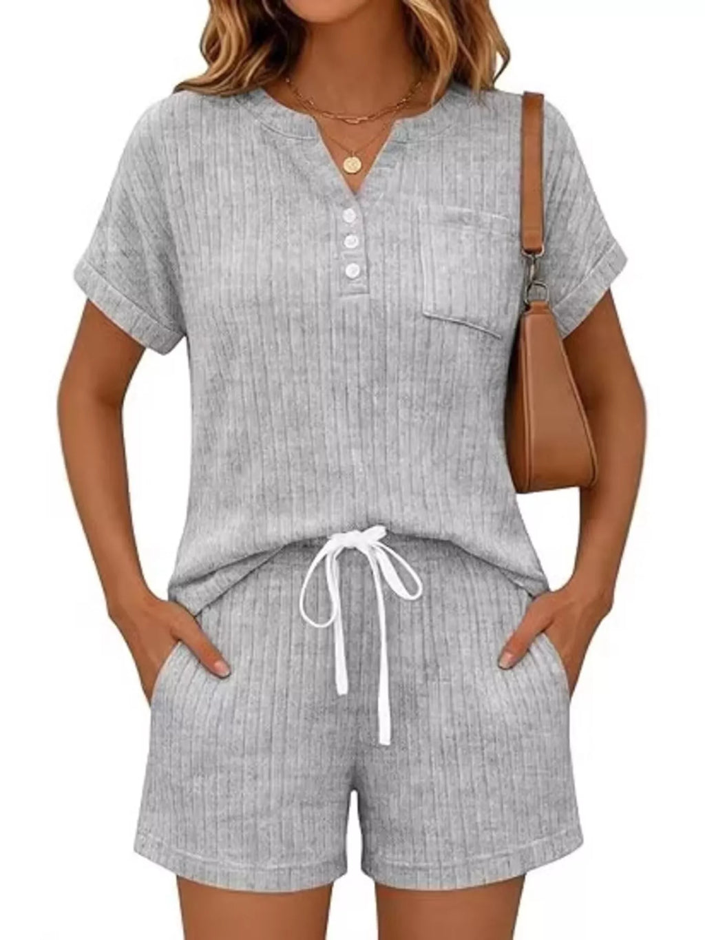Casual Ribbed Knit Tee Shorts Set (21)