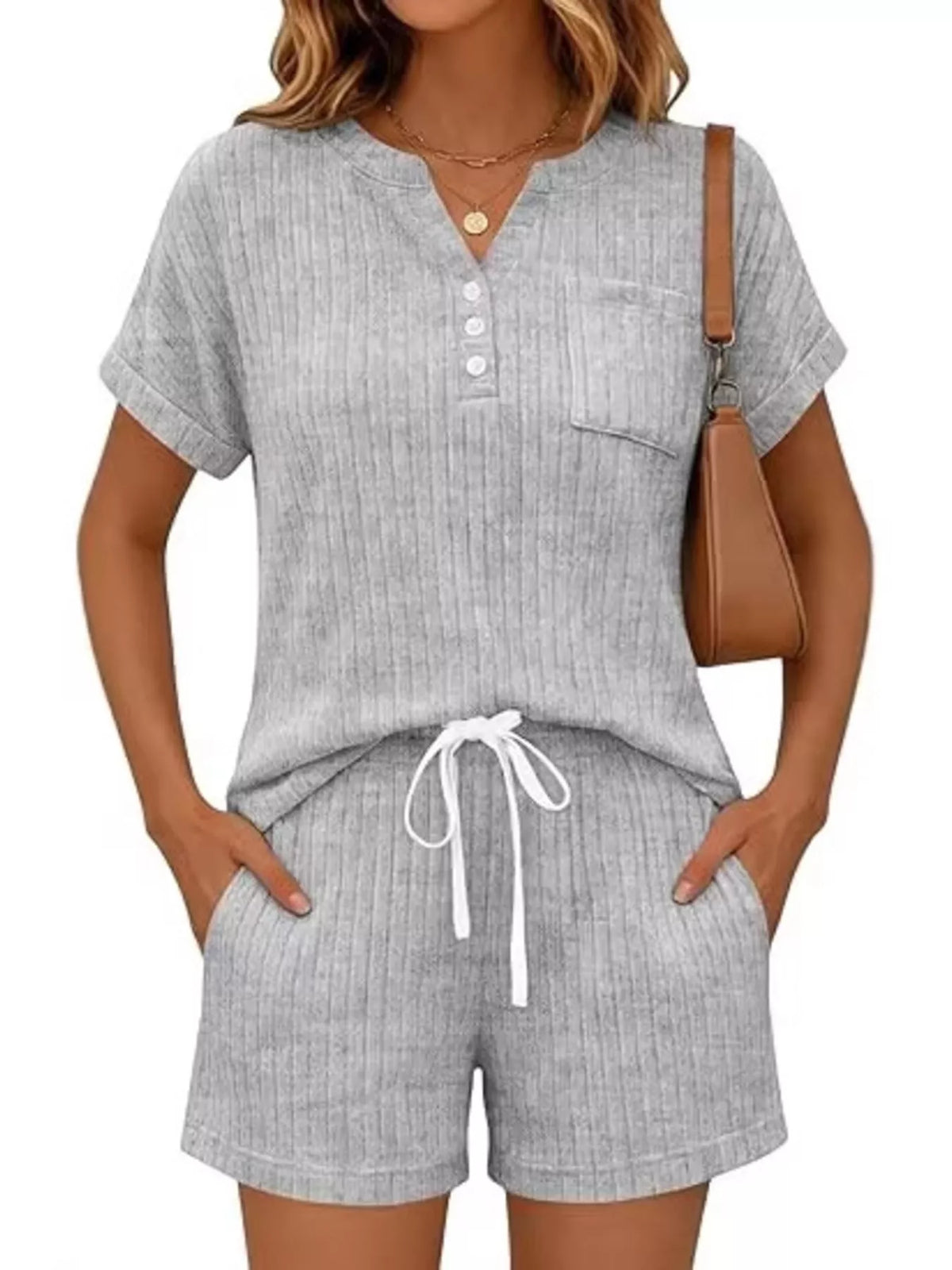 Casual Ribbed Knit Tee Shorts Set (21)