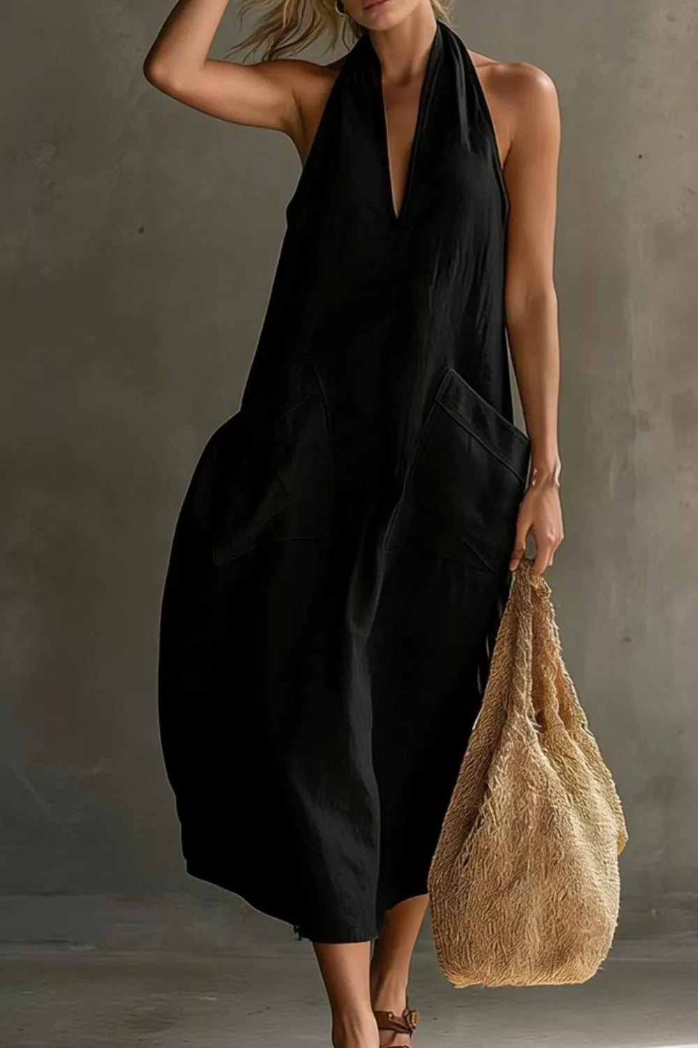 Casual Halter Neck Pocket Midi Dress (15)