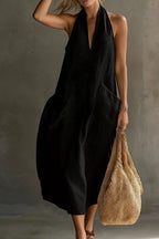Casual Halter Neck Pocket Midi Dress (15)
