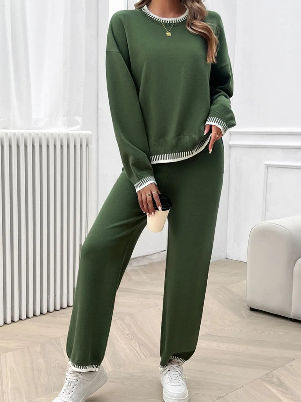 Round Neck Dropped Shoulder Top Pants Sweater Set (13)