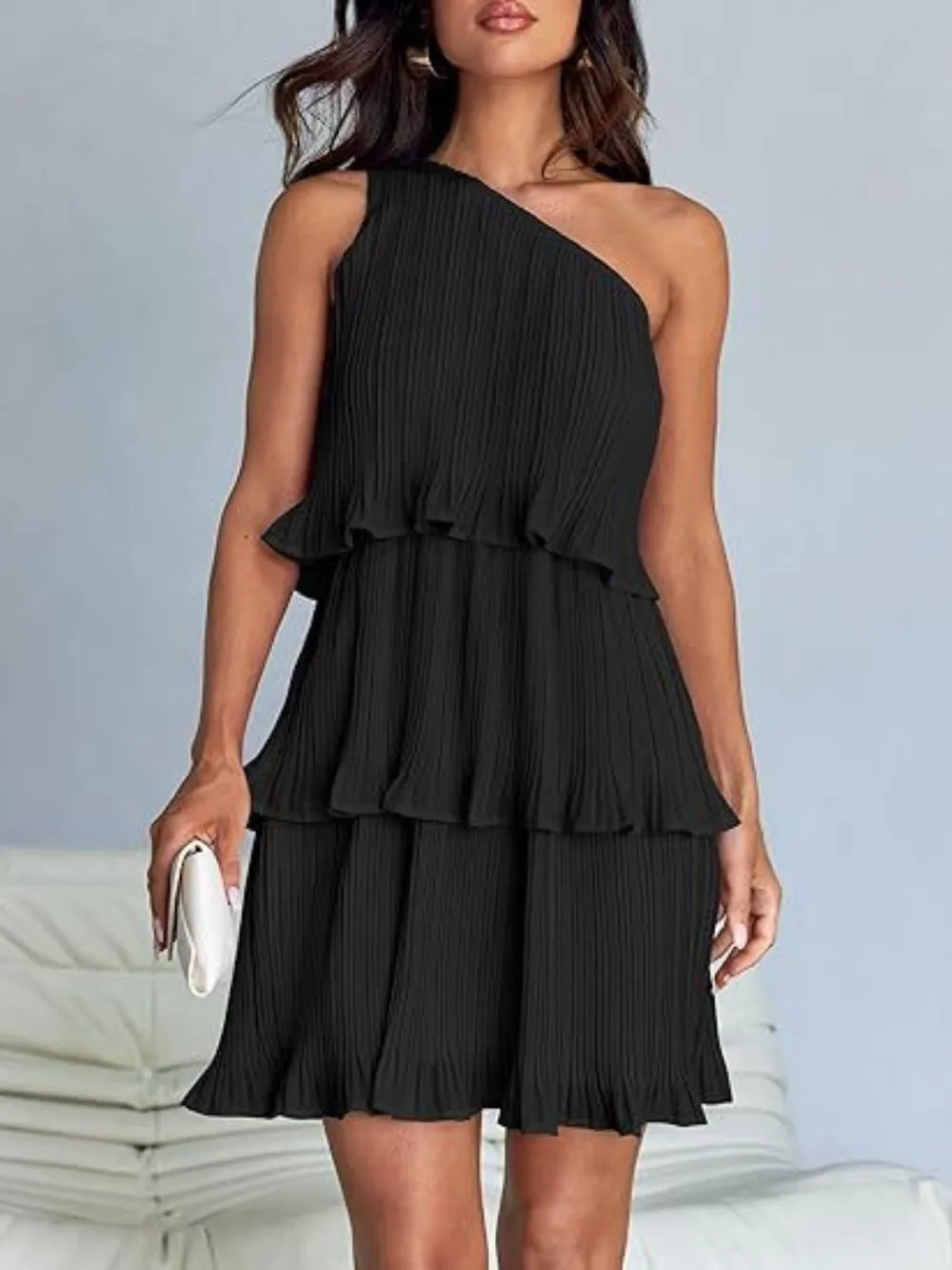 Layered Single Shoulder Mini Dress (2)