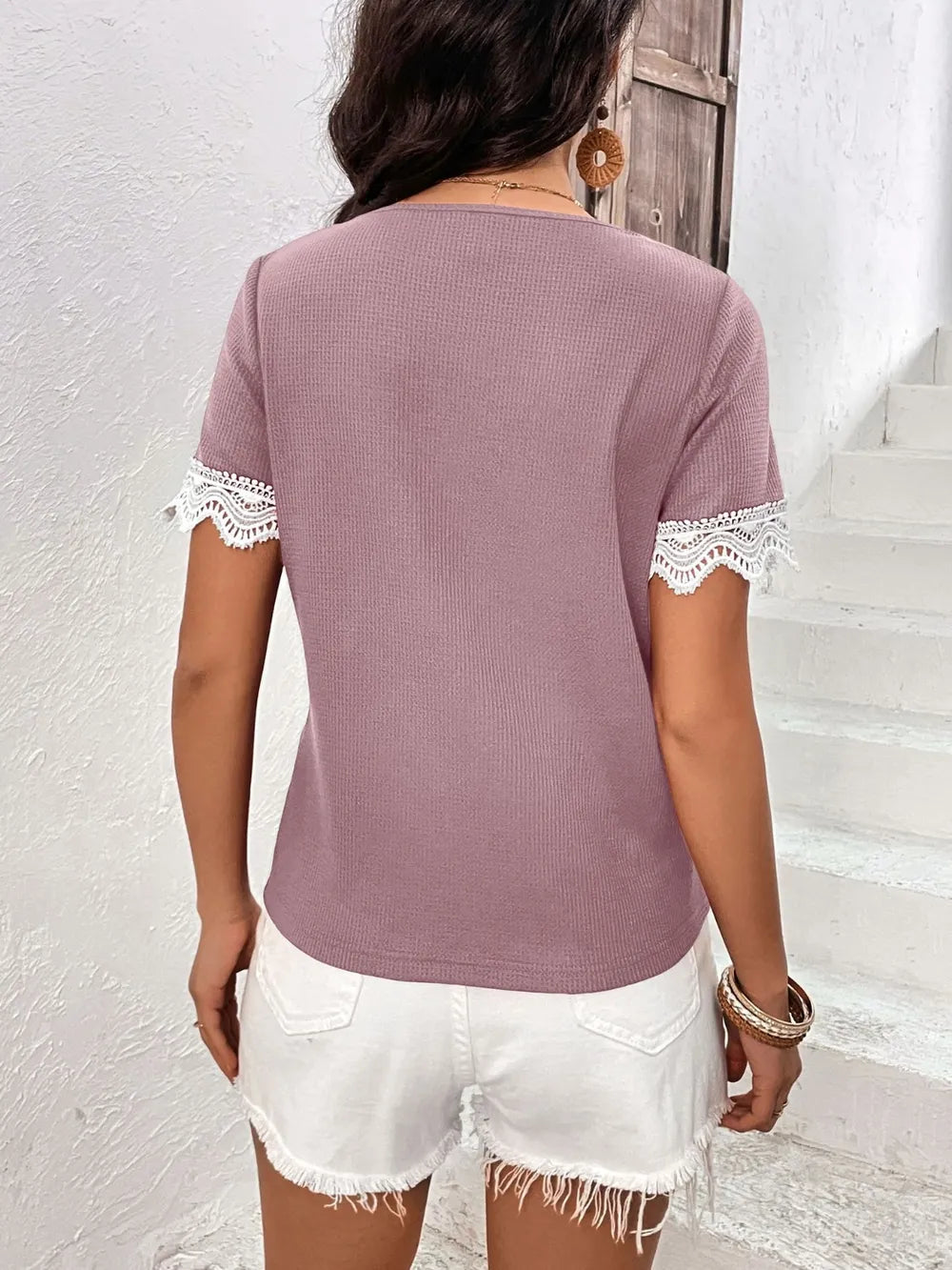 Lace Detail V-neck Short Sleeve T-shirt (12)