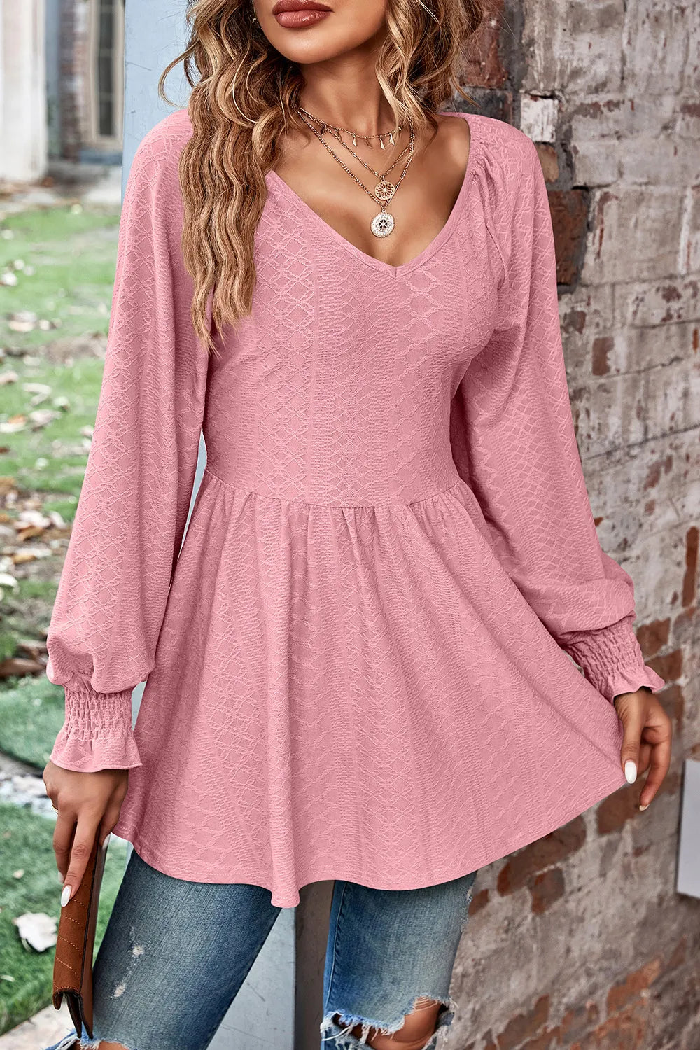 Peplum V-neck Long Sleeve Blouse (11)