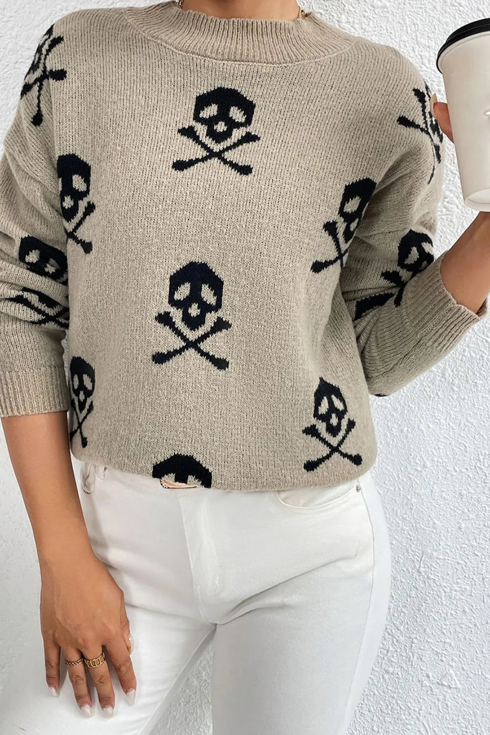 Graphic Mock Neck Dropped Shoulder Sweater (9)