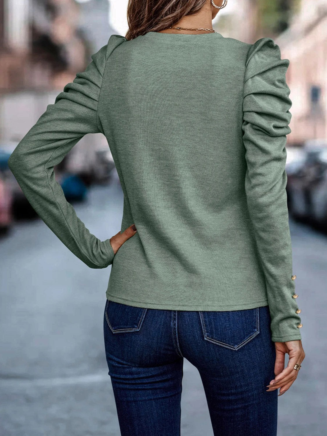 Decorative Button Puff Sleeve T-shirt (11)