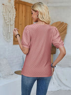 Eyelet Asymmetrical Neck Short Sleeve T-shirt (28)