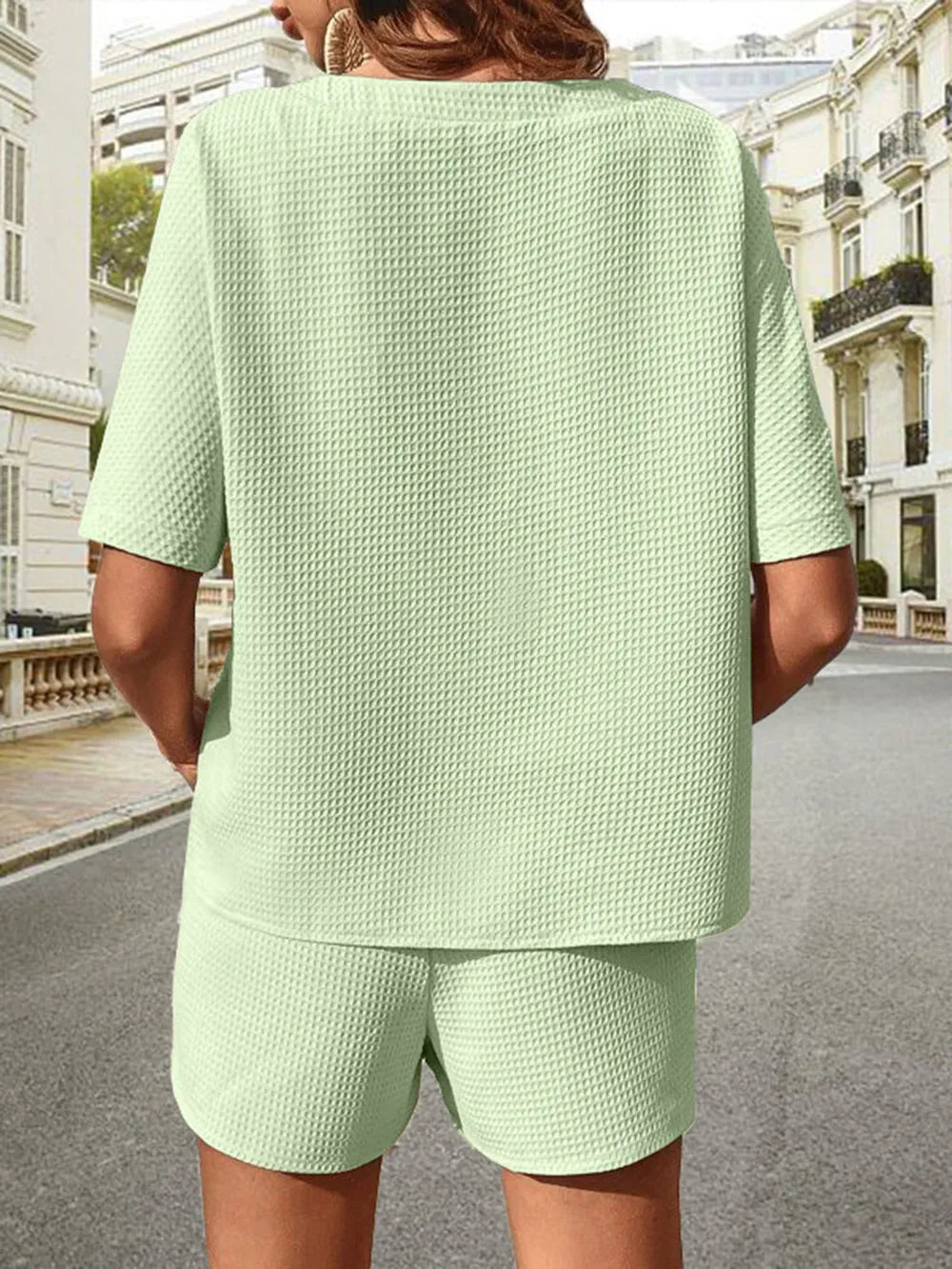 Waffle-knit Half Sleeve Top Shorts Set (32)