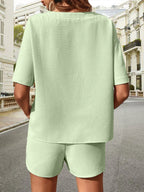 Waffle-knit Half Sleeve Top Shorts Set (32)