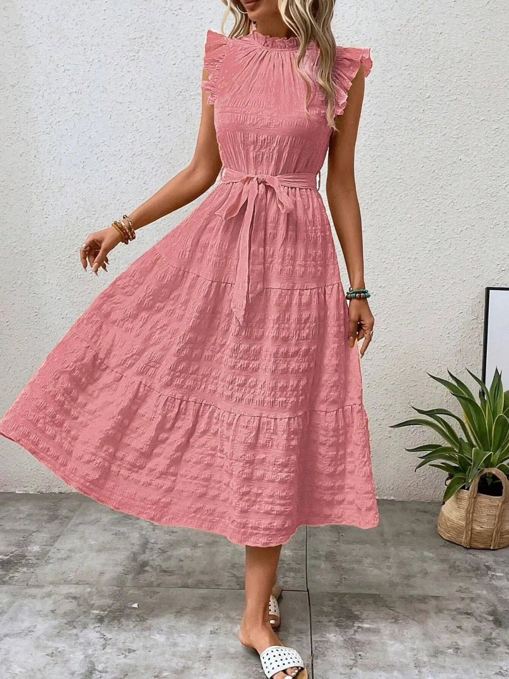 Tied Ruffled Cap Sleeve Midi Dress (27)