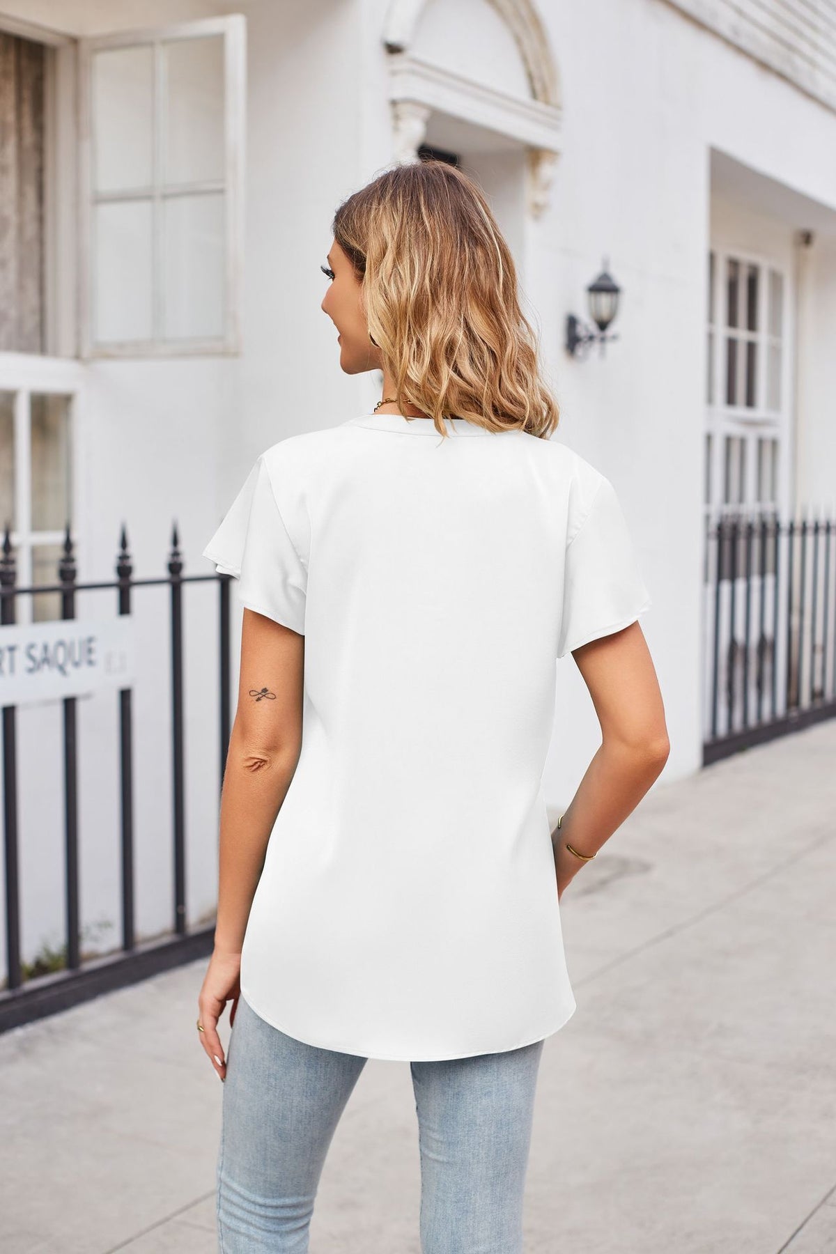 Notched Neck Flutter Sleeve Satin Top (10)