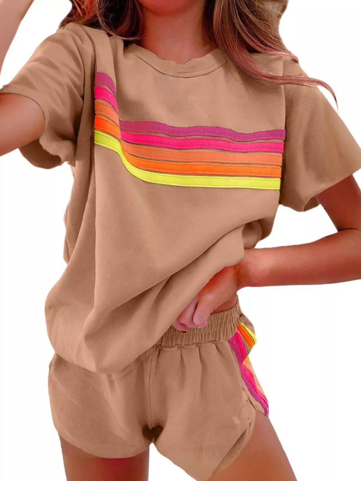 Rainbow Striped Round Neck Top Shorts Set (7)