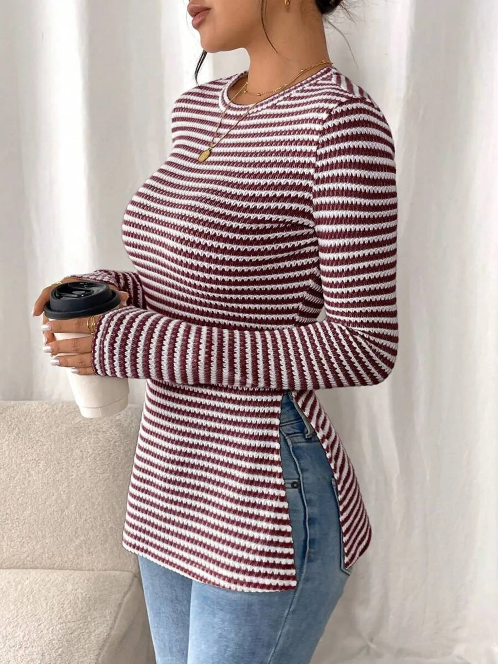 Side Slit Striped Long Sleeve T-shirt (17)