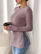 Side Slit Striped Long Sleeve T-shirt (17)