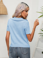 Cable-knit Johnny Collar Short Sleeve Knit Top (6)