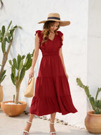 Tiered Ruffled V-neck Cap Sleeve Dress (3)