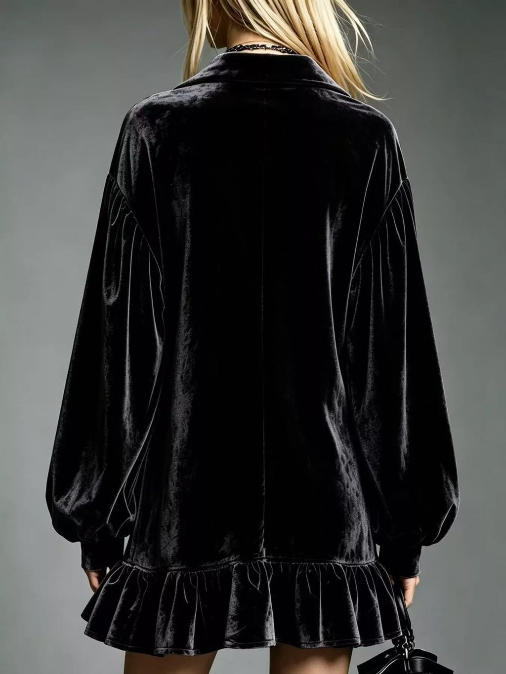 Full Size Velvet Ruffled Hem Long Sleeve Dress Plus (12)