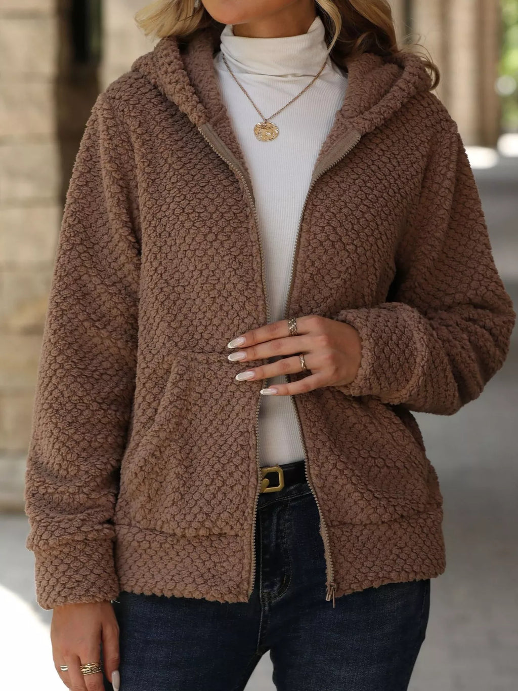 Textured Knit Zip-up Hooded Outerwear (5)
