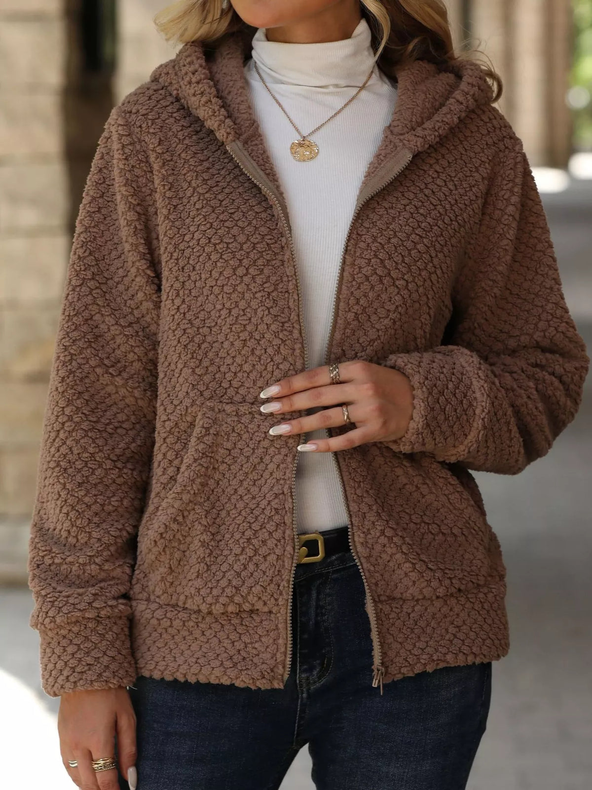 Textured Knit Zip-up Hooded Outerwear (5)