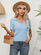 Cable-knit Johnny Collar Short Sleeve Knit Top (5)