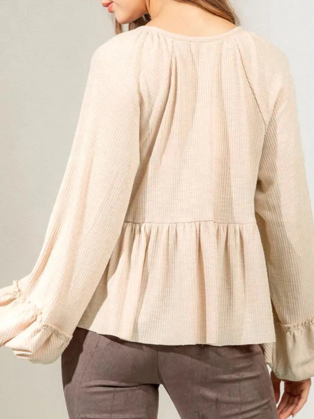 Notched Balloon Sleeve Peplum Blouse (8)
