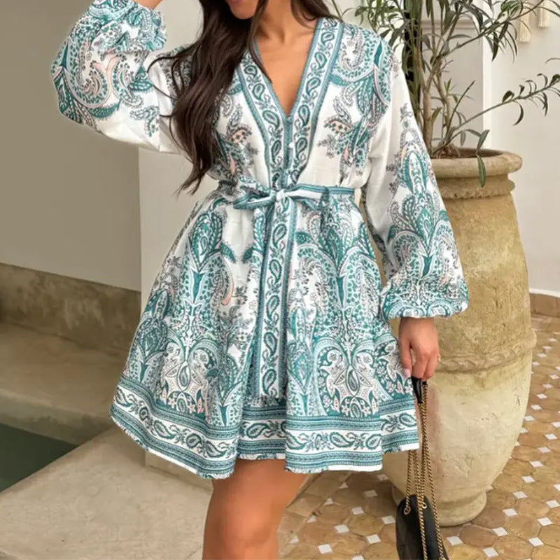 Elegant V-neck Loose Lace-up Casual Dress variant CJLY213219001AZ|CJLY213219002BY|CJLY213219003CX|CJLY213219004DW|CJLY213219005EV|CJLY213219006FU