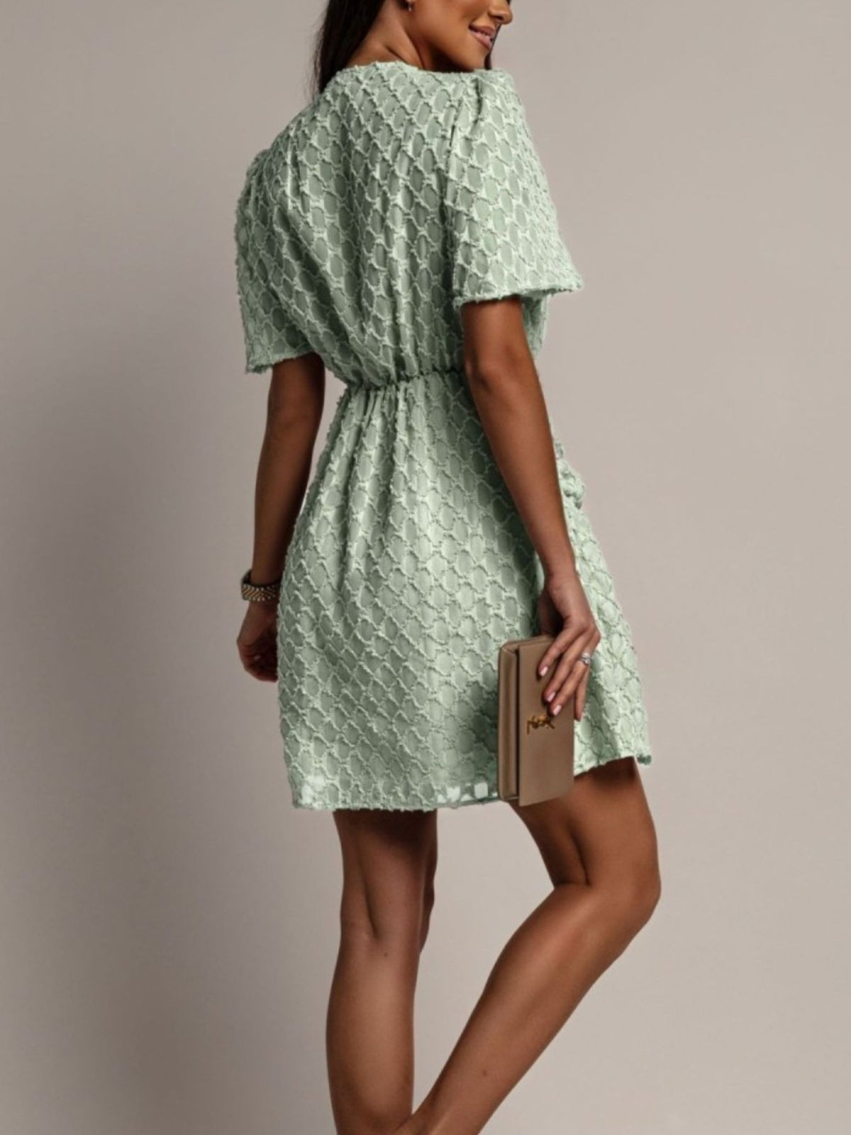 Textured Ruched Surplice Short Sleeve Dress (7)