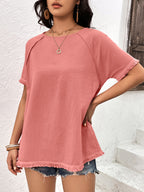 Round Neck Raglan Sleeve Fringe Detail Top (5)