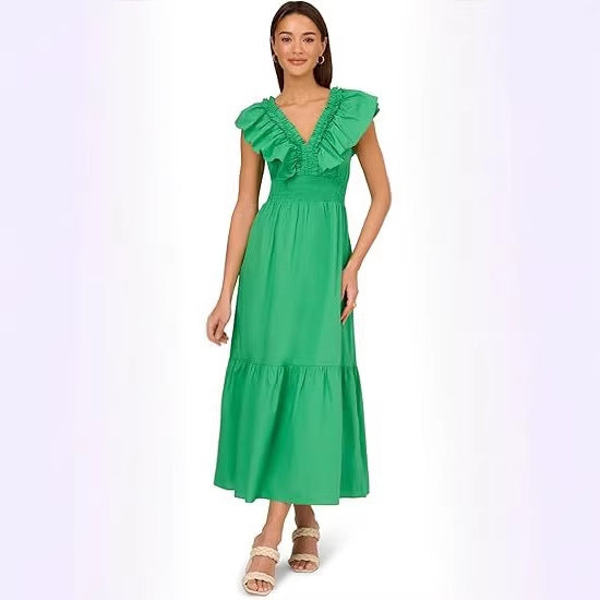 Indian-style Resort Chic Flounced V-neck Slimming Dress variant CJLY295891513MN|CJLY295891514NM|CJLY295891515OL|CJLY295891516PK|CJLY295891517QJ|CJLY295891518RI
